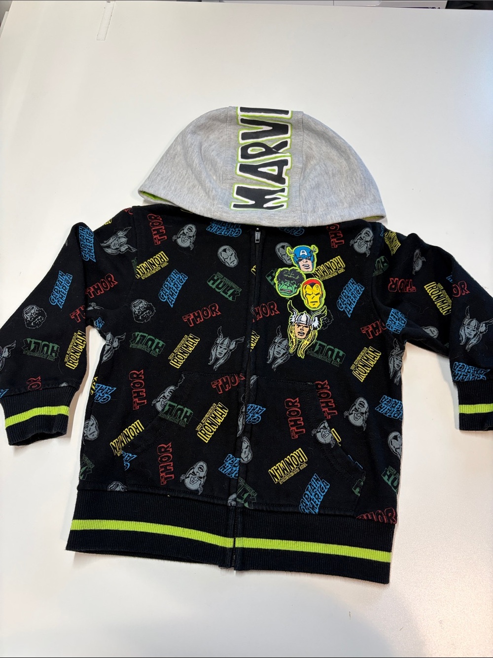 Marvel Black Kids Zip Hoodie with Grey Hood and Neon Green Trim